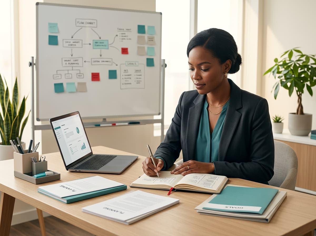 Small-business founder reviewing an organized business-readiness plan with financial records, process notes, and a calendar.